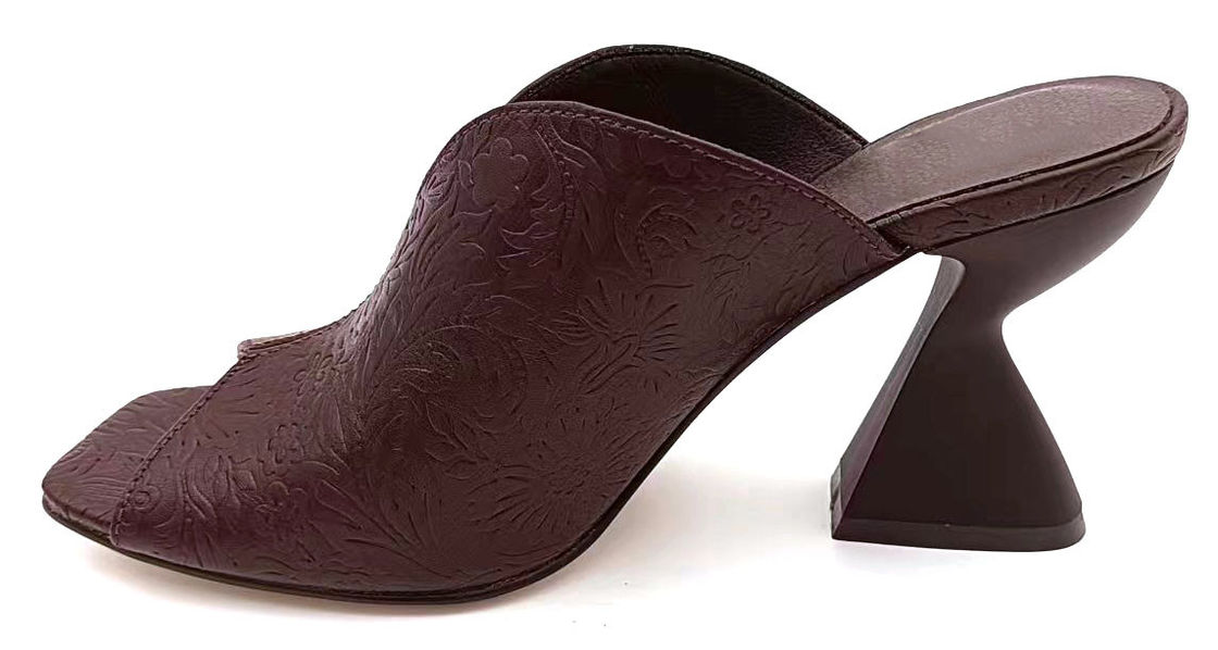 Vintage Floral Embossed PU Mule mit V-Form Top-Line und Skulptur Block Heel