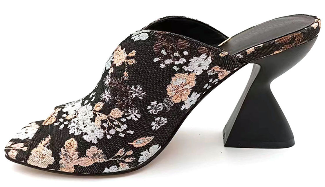 Brocade Jacquard Floral High Vamp Peep Toe Mule mit geformtem Kuchen Stand Heel