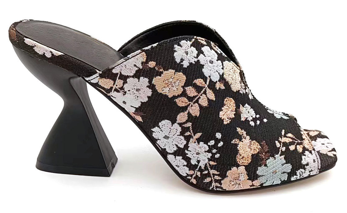 Brocade Jacquard Floral High Vamp Peep Toe Mule mit geformtem Kuchen Stand Heel